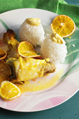 Chicken with oranges closeup