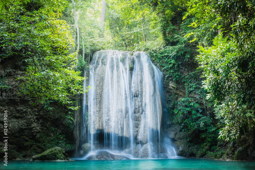 Wall mural Erawan waterfall, the beautiful waterfall in deep forest at Erawan National Park - A beautiful waterfall on the River Kwai. Kanchanaburi, Thailand