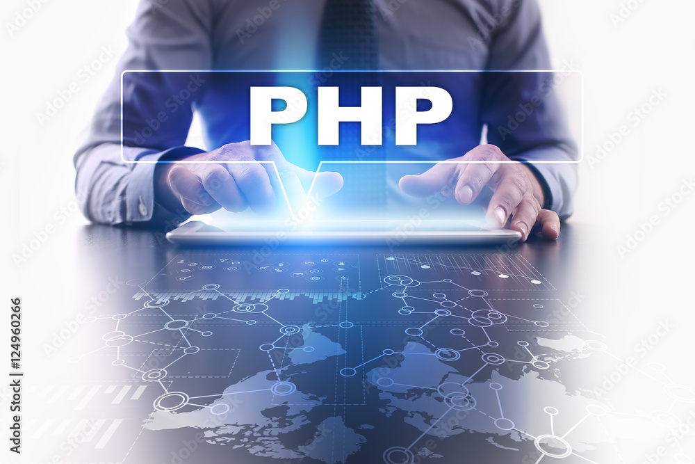 Wall mural businessman is using tablet pc, pressing on virtual screen and selecting php.