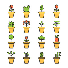 Flat icons set of pot plants garden