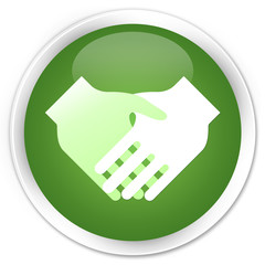 Handshake icon soft green glossy round button