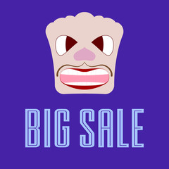 Big sale banner with a picture of a caricature face. Vector illustration.