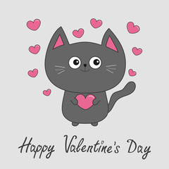 Happy Valentines Day. Gray contour cat holding pink heart set. Cute cartoon character. Kawaii animal Pet collection. Greeting card. Flat design. White background.