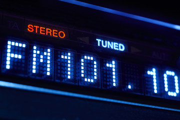 FM tuner radio display. Stereo digital frequency station tuned.