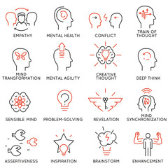 Vector set of 16 linear thin icons related to striving for success, leadership development, career progress and personal training. Mono line pictograms and infographics design elements - part 8