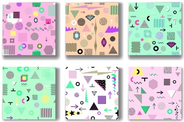 Fototapeta premium Abstract seamless patterns 80'-90's styles. Trendy memphis style