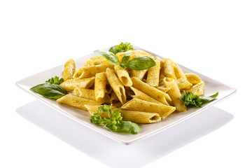Penne, pesto sauce and vegetables