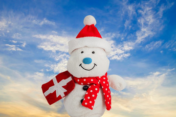 snowman on sky sunset background.