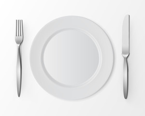 Vector White Empty Flat Round Plate with Fork and Knife Top View Isolated on White Background. Table Setting