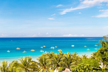 Beautiful palm tree over white sandy tropical beach. Sea and Bor