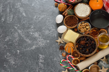 Ingredients to bake traditional Christmas fruit cake