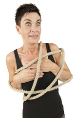 Woman tied up horrified looking side