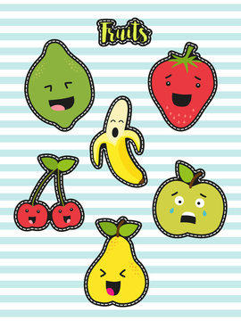 Cute set of fashion patches with cartoon characters of fruits on trendy striped background