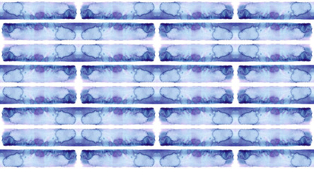Seamless pattern with indigo tie dye stripes painted in watercolor on white isolated background