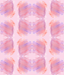 Seamless pattern with pink and purple stains painted in watercolor on clean pale pink background