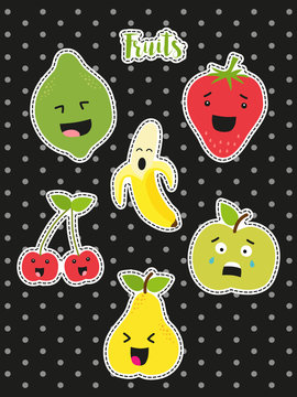 Cute set of fashion patches with cartoon characters of fruits on trendy polka dots background