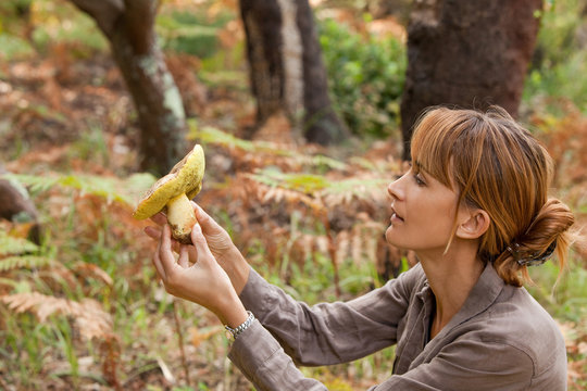 femme avec un champignon dans la forêt