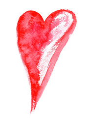 Elongated abstract bright red heart painted in watercolor on clean white background