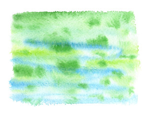 Green and light blue horizontal stripes painted in watercolor on clean white background