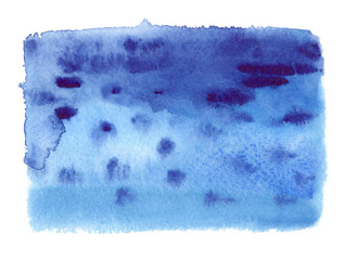 Blue rectangle with dark blue dots and brush strokes painted in watercolor on clean white background
