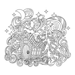 Cartoon cute hand-drawn doodle fairy house illustration. Sketch Vector artwork. Line art picture with winter items