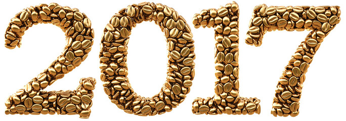 new 2017 year from gold coffee beans. isolated on white. 3D illustration