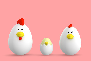 玉子　鶏　家族　3D illustration