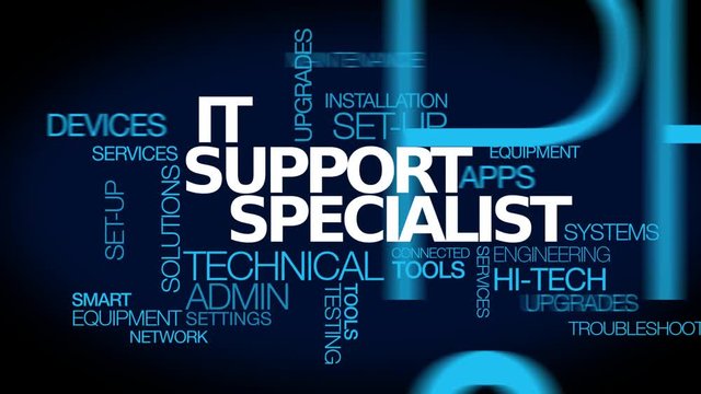 Information Technology Support Specialist computer set-up installation troubleshooting  service upgrades maintenance white text words tag cloud animation blue background