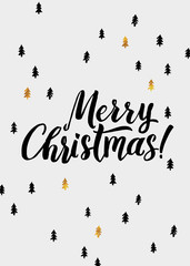 Merry Christmas hand lettering and Golden  Tree. Vector image
