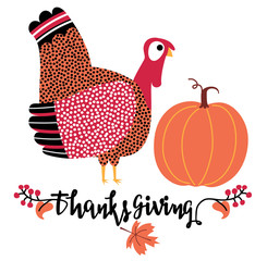 Thanksgiving day card with pumpkin, maple leaves, turkey. Thanksgiving lettering. Vector