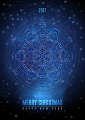 Christmas background with big vintage blue gold snowflake. Vector eps 10.