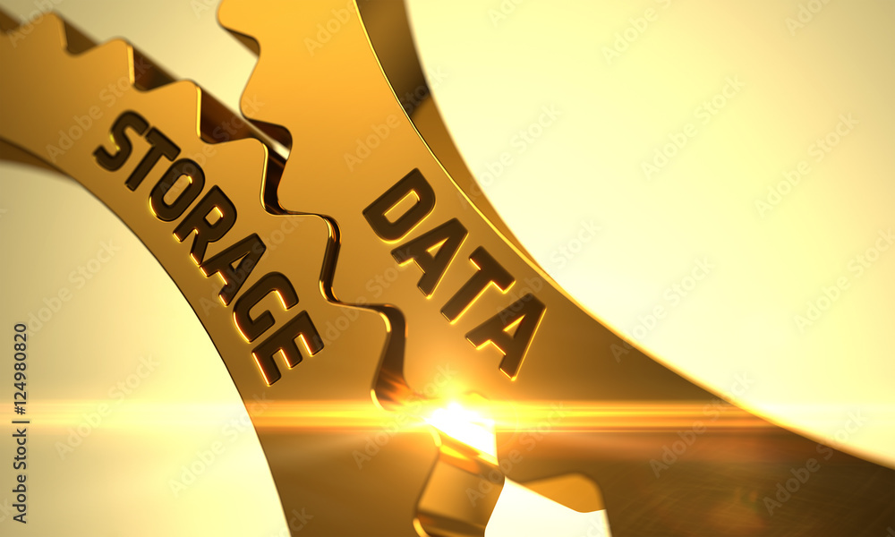 Poster golden cog gears with data storage concept. 3d.