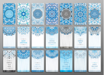 Vector vintage visiting card set. Floral mandala pattern and ornaments. Oriental design Layout. Merry chistmas and Happy New Year snowflakes cards. Front page and back page. - 124980821