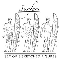 Set of 3 sketched surfer front view figures. Hipster style looking young surfers wearing different swimwear. Sketch isolated on white background background. EPS10 vector illustration.