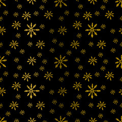 Vector seamless winter pattern background with gold snowflakes.