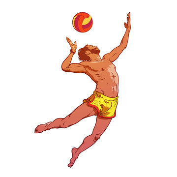 Summer water sport activities. Young athletic man serving an overhead ball in beach volleyball. Dynamic pose. Hand drawn painted sketch isolated on white background. EPS10 vector illustration.