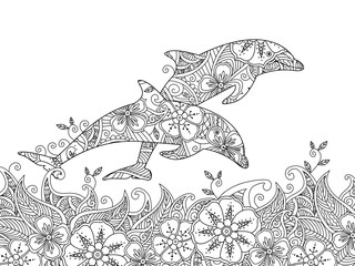 Coloring page with pair of jumping dolphins in the sea.