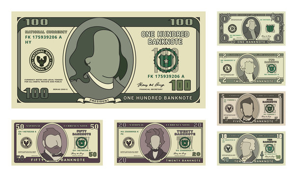 Money bill icons. Detailed currency banknotes. Cartoon American dollars. Flat vector illustration