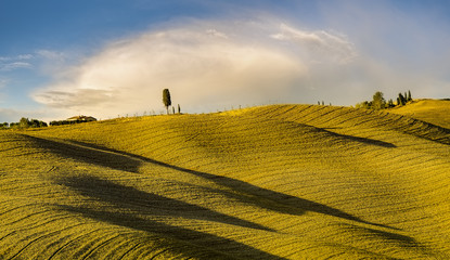 wonderful autumn landscape of Tuscan fields,on the background dangerous storm clouds
