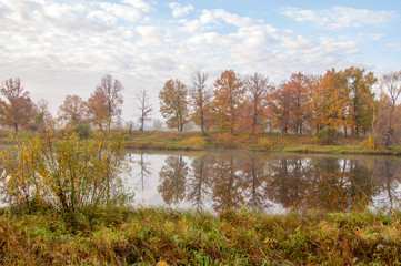 Fototapeta na wymiar Autumn lake mist. Mist covered lake in Autumn