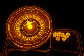 Roulette Table with Chips in Hologram Wireframe Style. Nice 3D Rendering
