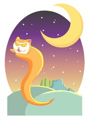 Colorful funny and scary Halloween cat flying over the hill with crescent moon background.
