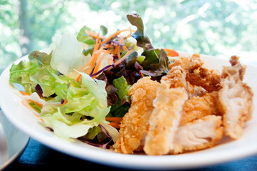 Breaded chicken with salad ,soft focus