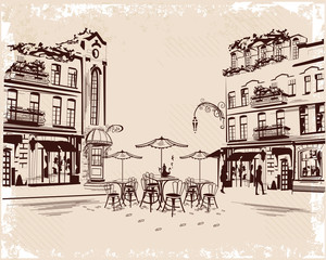 Series of backgrounds decorated with old town views and street cafes. Hand drawn Vector Illustration.