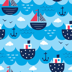 seamless sea pattern with sailing ships and waves vector illustration