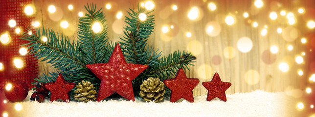 Christmas background with red stars and white snow.