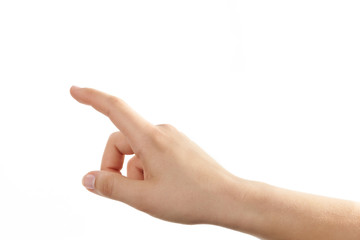 Hand einer jungen Frau mit zeigendem Finger