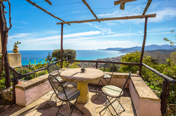 The balcony with sea view/ Ligurian coast, Italy, Europe, Borgio Verezzi/ Verezzi/ holiday/ tourism/ sea view/ Blue