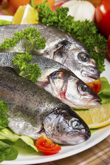 Three pieces of raw and fresh fish, sea bream, sea bass and trout on a white plate with parsley.