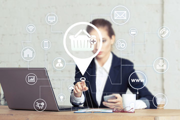 Business button basket trolley shopping network